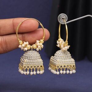 White  Ring Style Gold Plated Oxidised Meena Jhumka